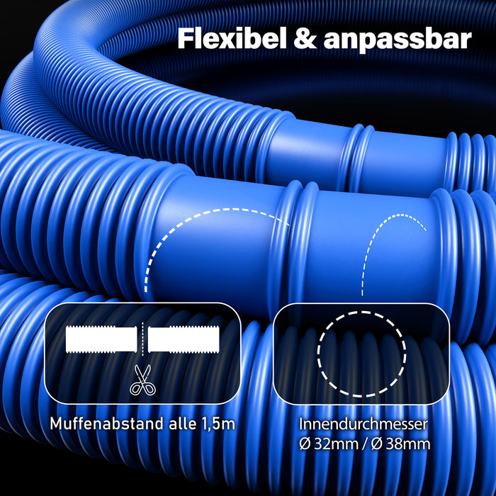 Poolschlauch | Schwimmbadschlauch - Blau - mit integrierten Muffen (1,5 m) - Rollenware