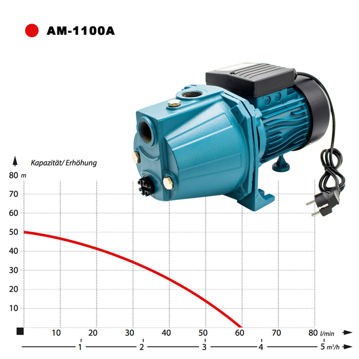 AM-100A Kreiselpumpe 1100 Watt 3600 l/h Hauswasserwerk Jetpumpe Gartenpumpe
